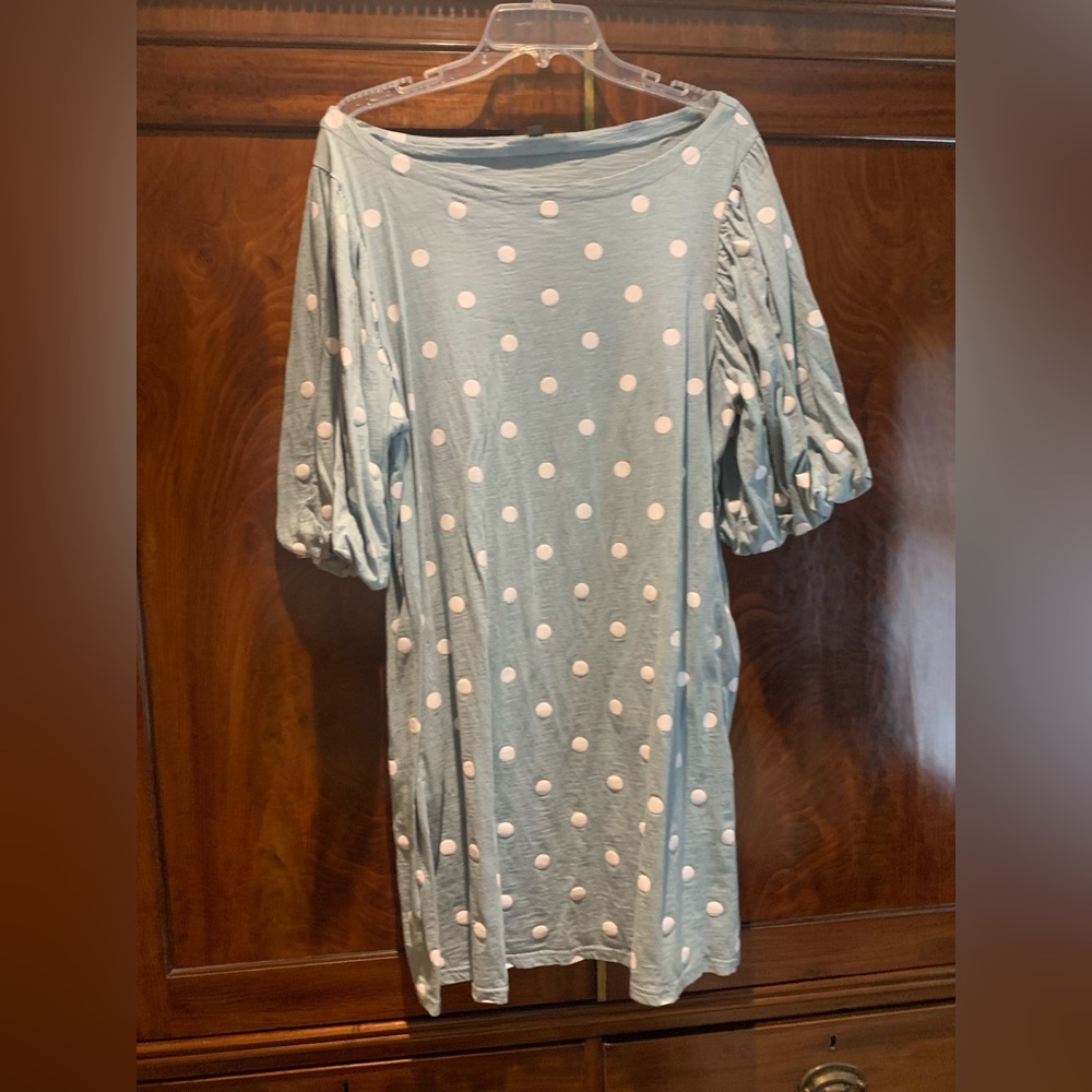 Blue and white polka dot dress